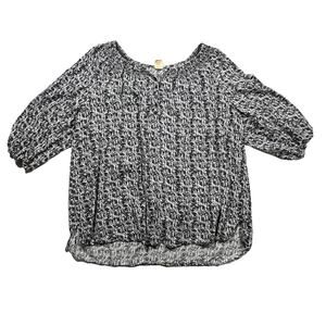 Faded Glory Abstract Print Blouse Top Raglan Style 3/4 Sleeves Black White 3X